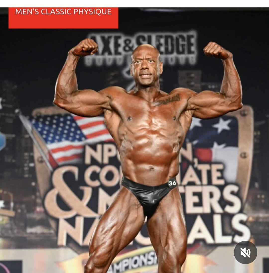James competing as an NPC Master Classic Physique athlete